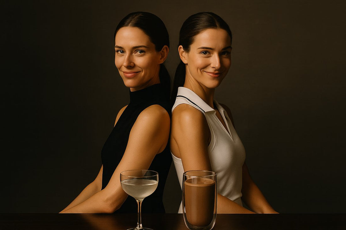 conceptual representation of the collagen vs protein discussion, with two stylish and powerful women symbolizing each nutrient