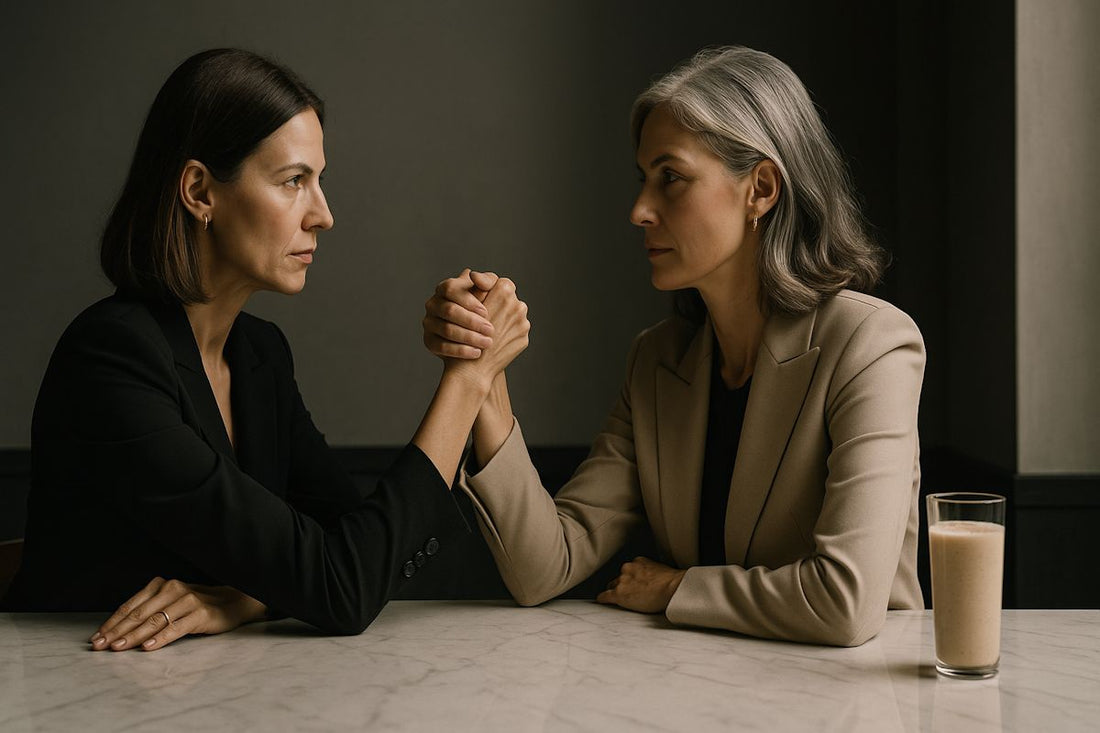 two middle aged women arm wrestling, as a conceptual representation of strength and resilience, pointing to the role of protein during menopause