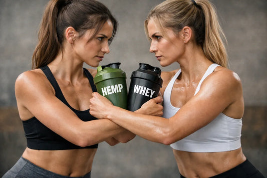 two women in combat stance as a conceptual representation of hemp vs whey protein