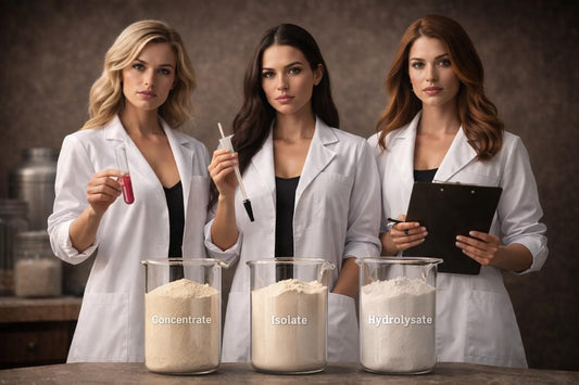 three lab technicians testing three different forms of whey protein to compare isolate vs concentrate vs hydrolysate